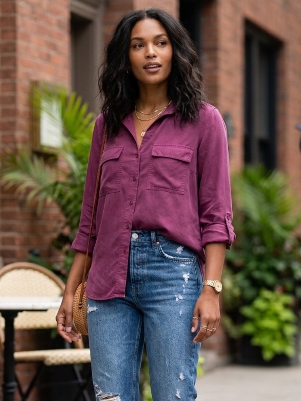 Babaton Button-Up Shirt in Berry